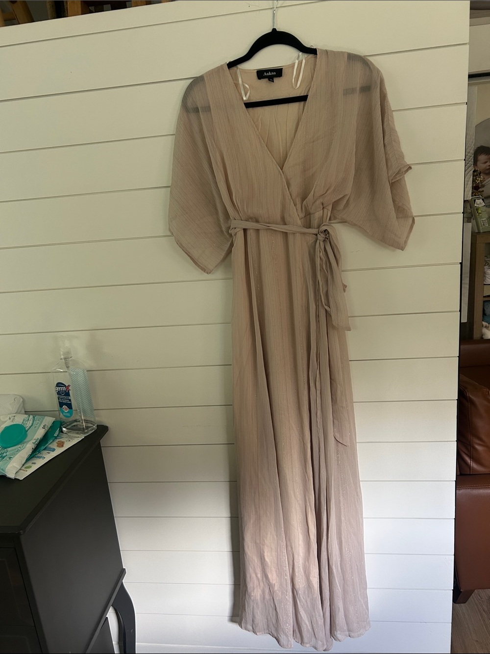 Acler Taupe Pleated Wrap Maxi Dress with Tie Waist